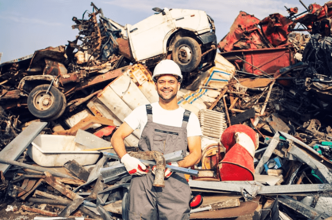 A man holding a hammer in front of a pile of junk.
