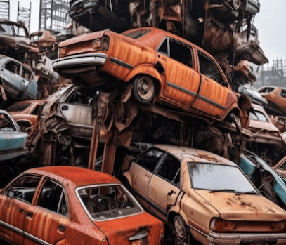 A pile of cars that are stacked on top of each other.