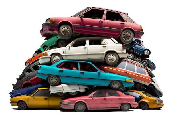 A pile of toy cars stacked on top of each other.